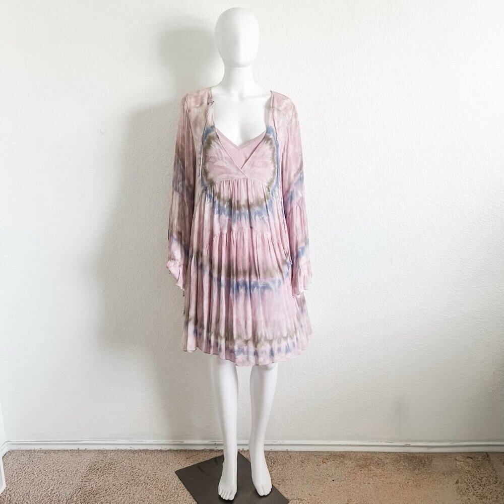 Young Fabulous & Broke Medium Tie Dye Long Bell Sleeve Mini Dress Festival Boho